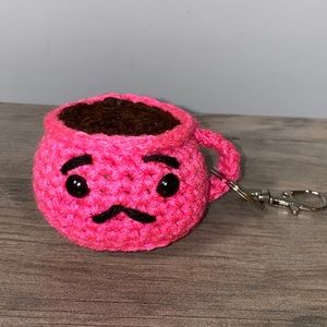 Crocheted keychain Sad face coffee mug.